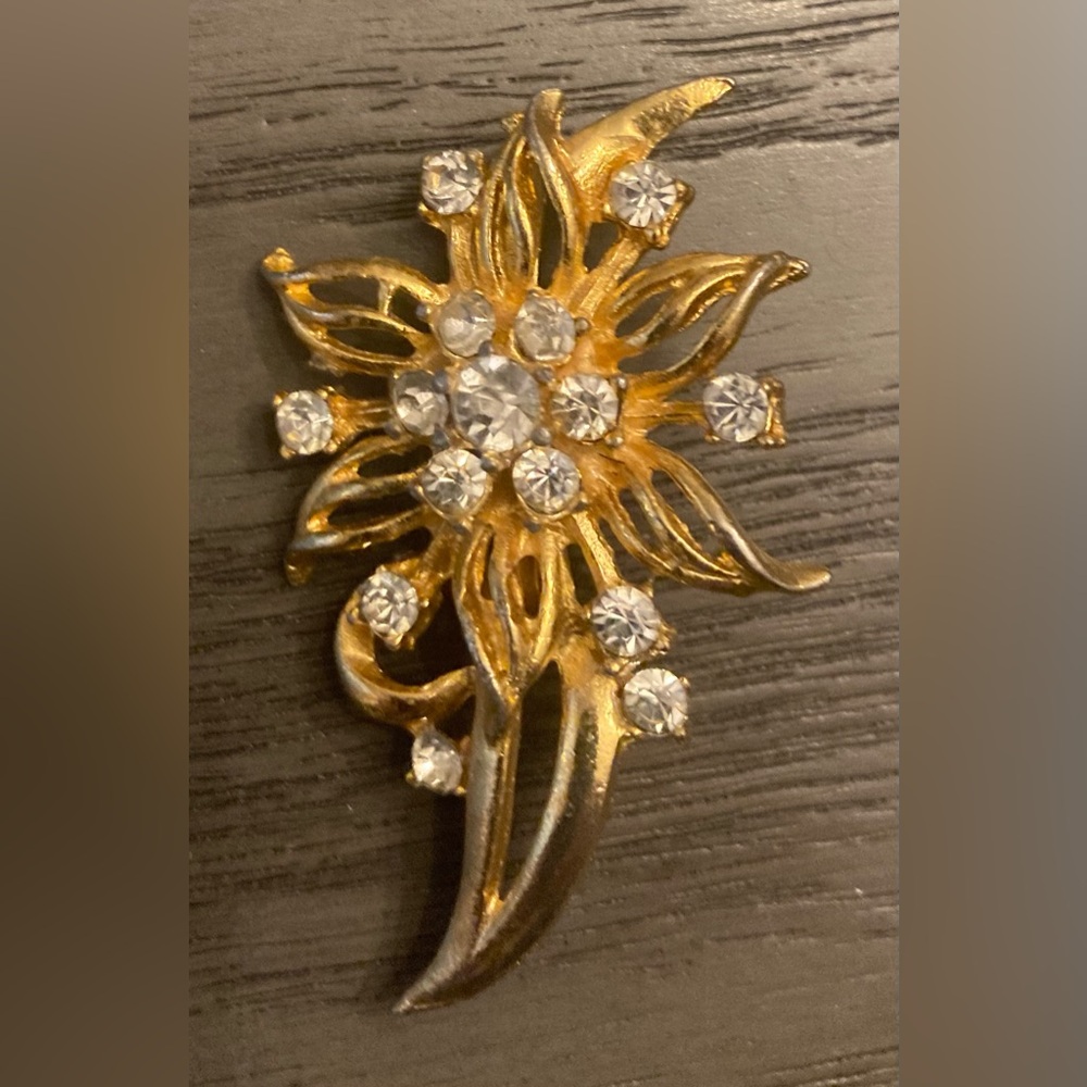 Gold Floral Brooch with Crystals